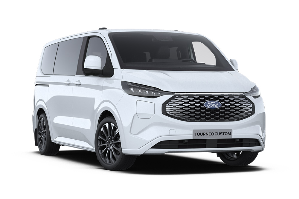 Angolo anteriore sinistro di un Ford E-Tourneo Custom Titanium X bianco.