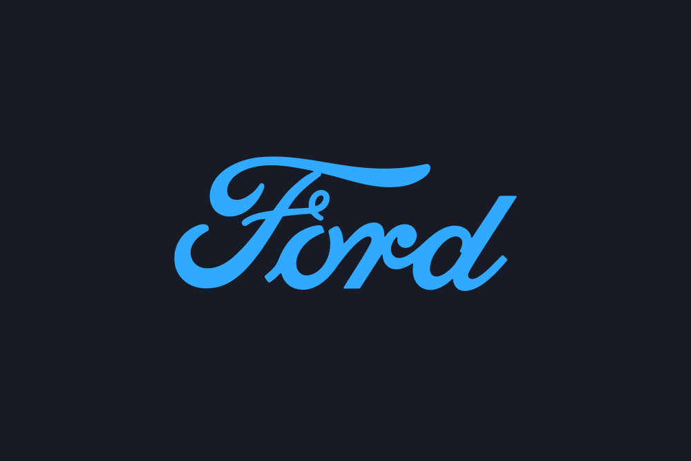 Logo blu Ford su uno sfondo nero.