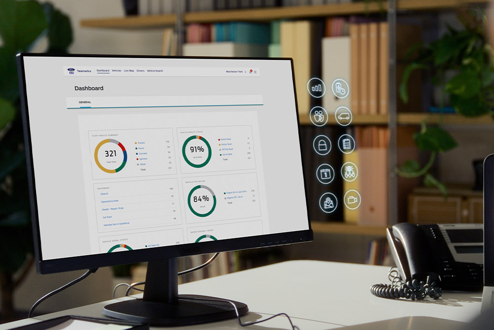Un monitor di un computer mostra la dashboard di Ford Pro Telematics con diverse metriche delle prestazioni della flotta.