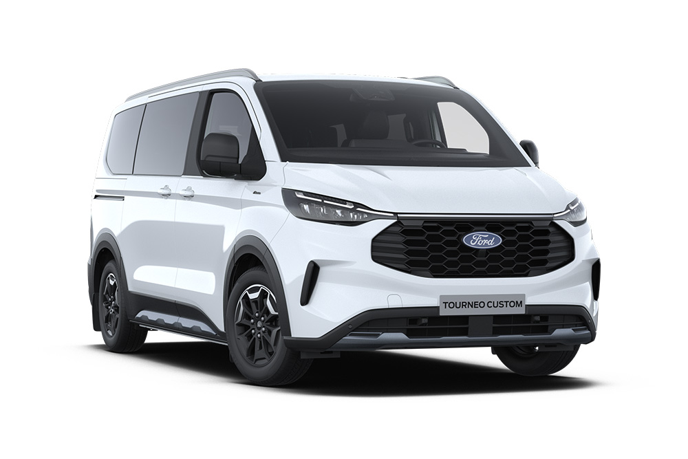 Angolo anteriore sinistro di un Ford Tourneo Custom Active bianco.