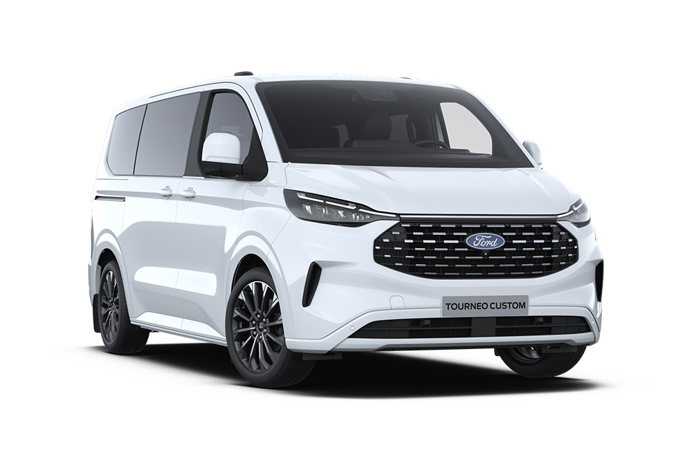 Angolo anteriore sinistro di un Ford Tourneo Custom Titanium X bianco.
