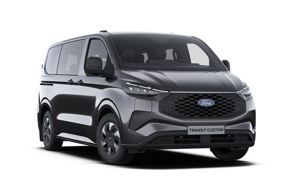 Vista frontale di un Ford Transit Custom Leader Kombi grigio scuro.