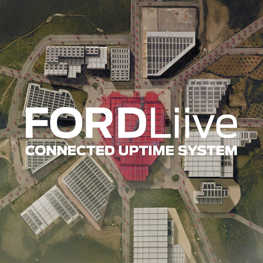 Vista aerea di un complesso di edifici con il logo FordLiive.