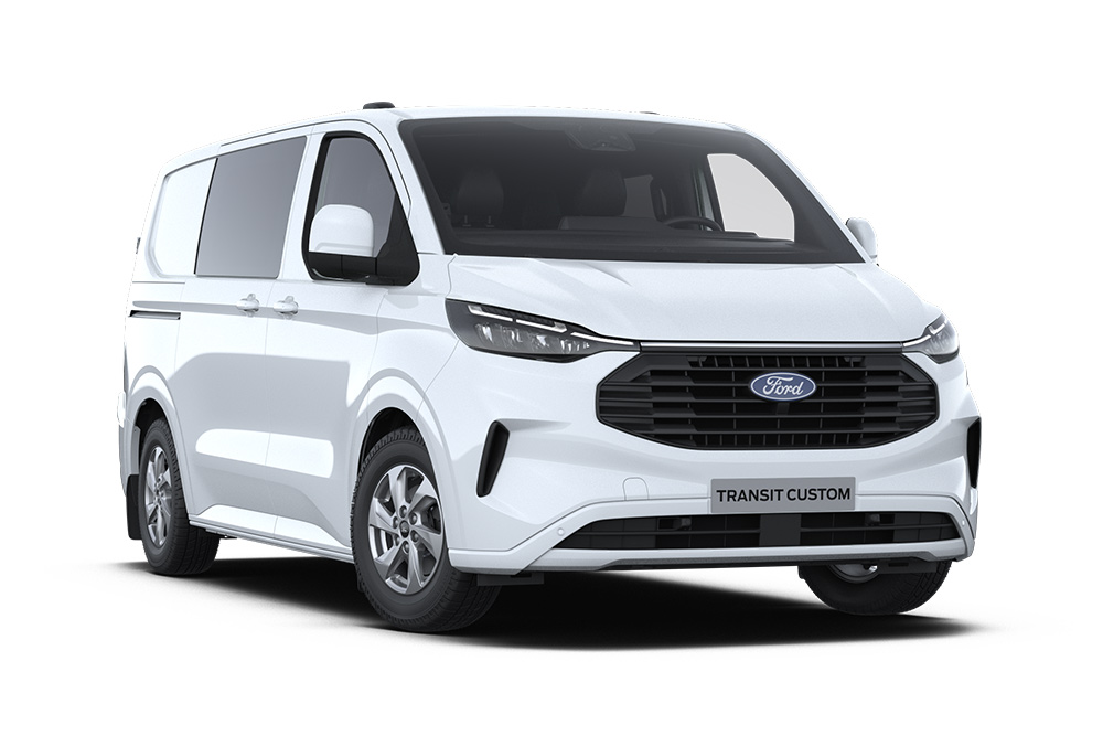 Un furgone a doppia cabina Ford Transit Custom bianco.
