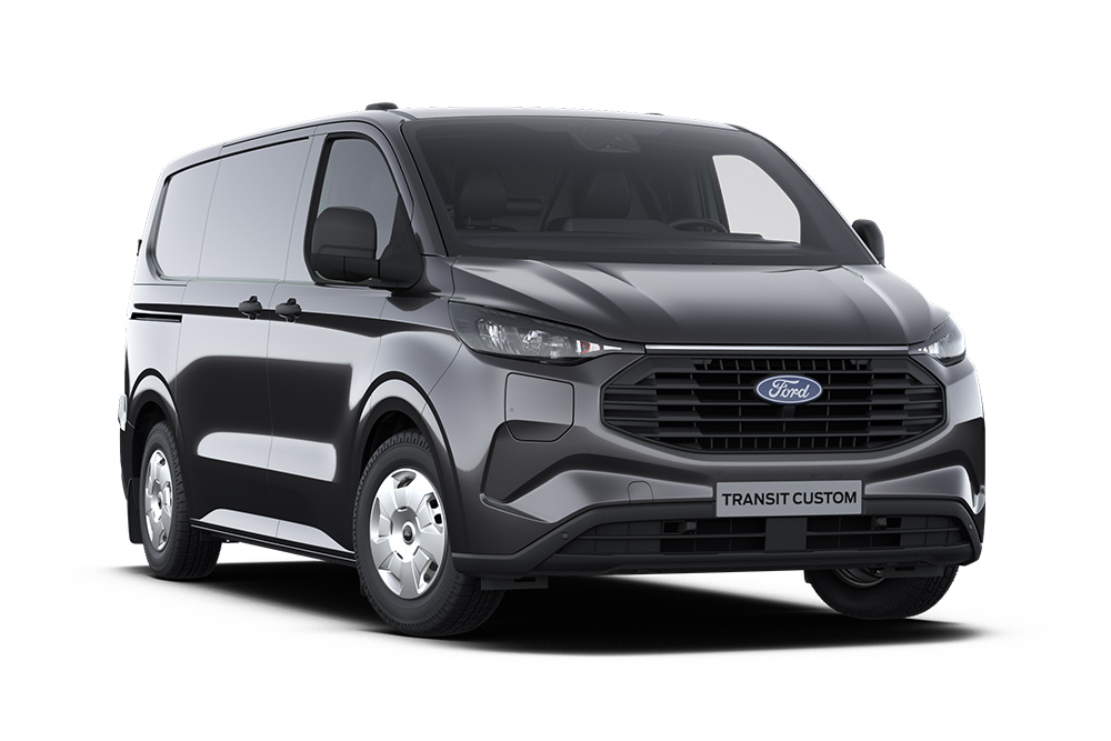 Vista frontale di un Ford Transit Custom Trend grigio scuro.