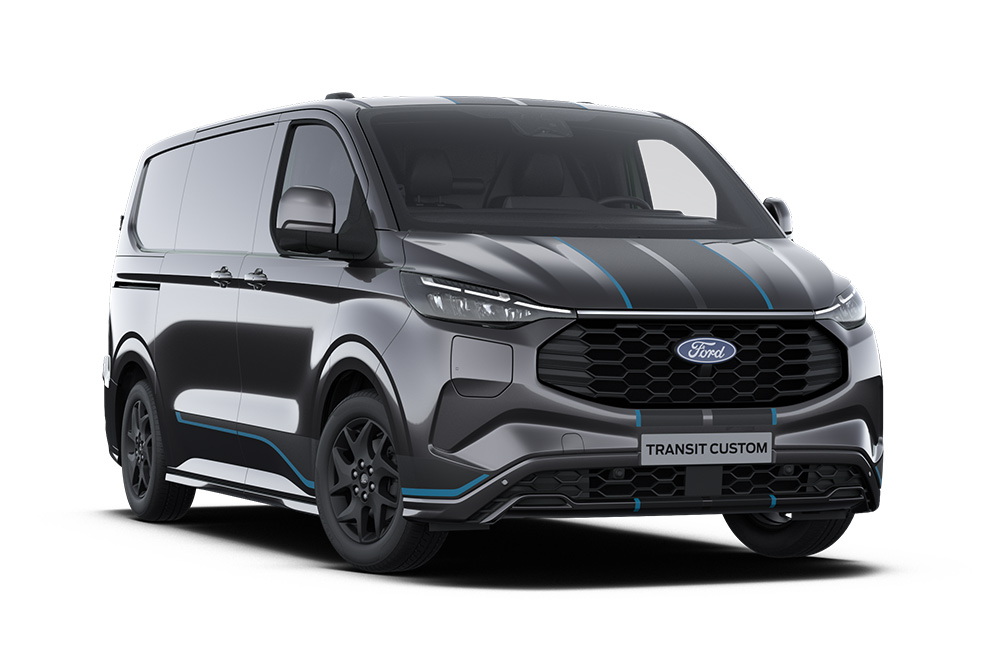 Furgone Ford Transit Custom Sport grigio scuro con dettagli blu.