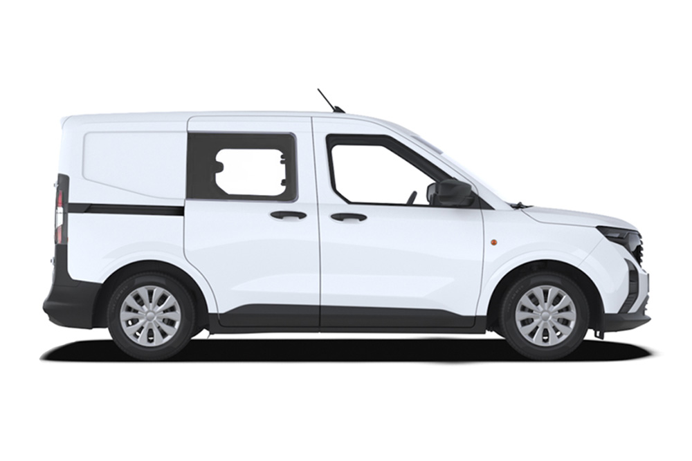 Vista laterale del Ford Transit Courier Doppia Cabina Van bianco