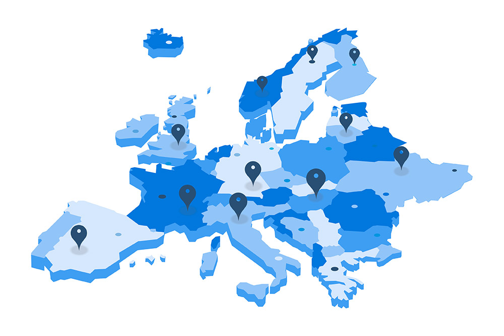 Una mappa blu dell'Europa con più puntine che segnano le numerose posizioni dei convertitori di veicoli Ford Pro di fiducia.